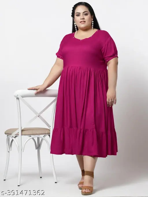 FAZZN Plus Size Rayon Knee Length Purple Dress with Round Neck and Half Sleeves