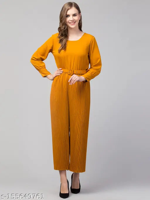 Women Girls Pleated & Gathered Belted Style Long Sleeves Round Neck Solid Jumpsuit