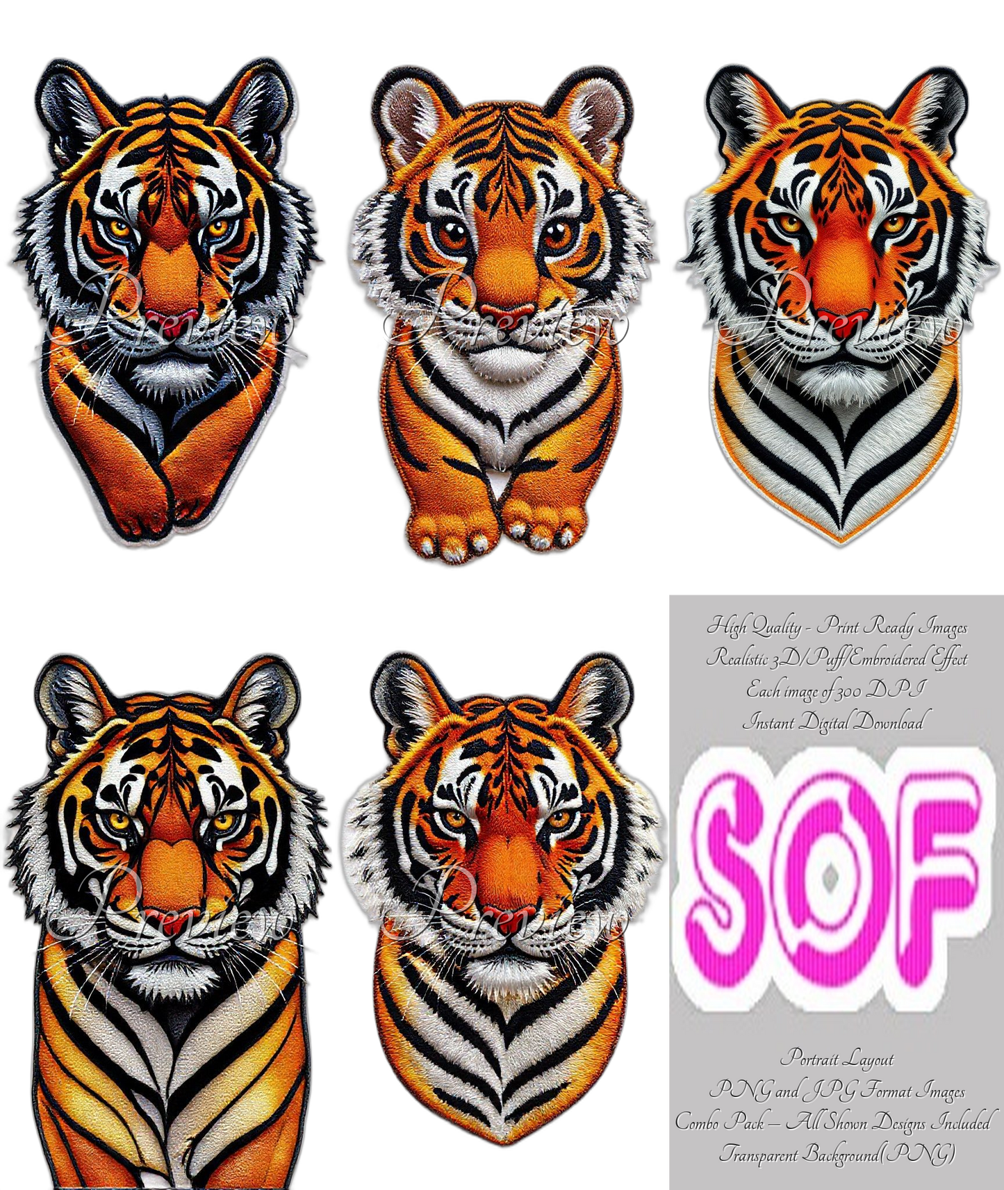Tiger Theme Pack of 5 Digital Images | 300 DPI Printable Art | Images for Print on Demand