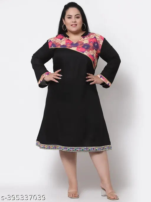 FAZZN Plus Size Black Rayon V-Neck Full Sleeves Digital Printed Knee Length Dress