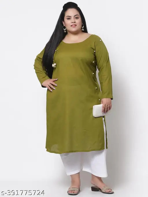 FAZZN Plus Size Green Rayon Knee Length Straight Round Neck Solid Full Sleeve Kurti with Customization