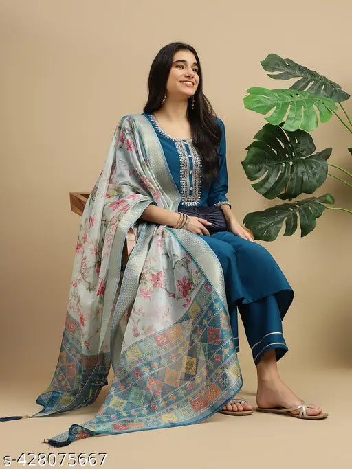 Women's Chinon Kurta and Pant with Dupatta Set