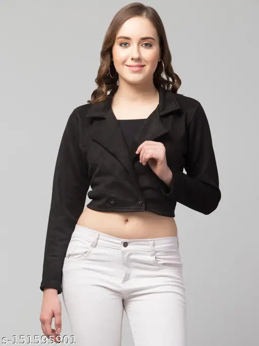 Women Solid Double-Breasted Casual Suede Blazer