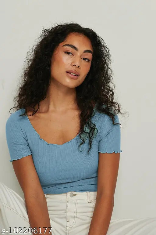 Deep Round Neck Babylock Short Sleeves Ribbed Top