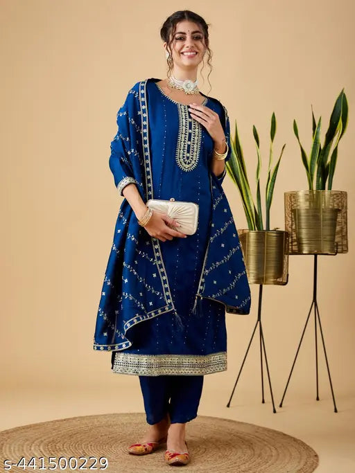 Women's Silk Embroidered Kurta and Pant with Dupatta