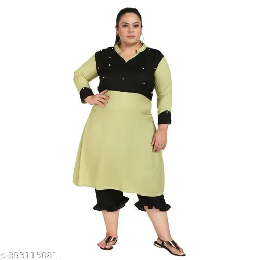 FAZZN Plus Size Multi Rayon Straight V Neck Solid Sleeveless Kurti