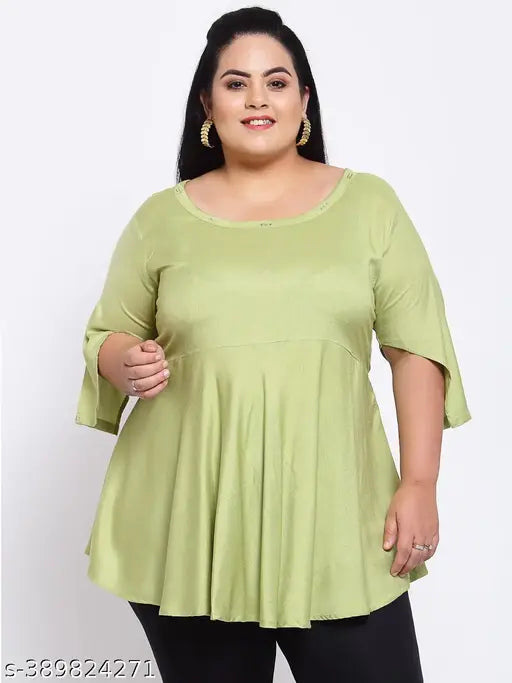 FAZZN Plus-Size Green Rayon Boat Neck Three Quarter Sleeves Top
