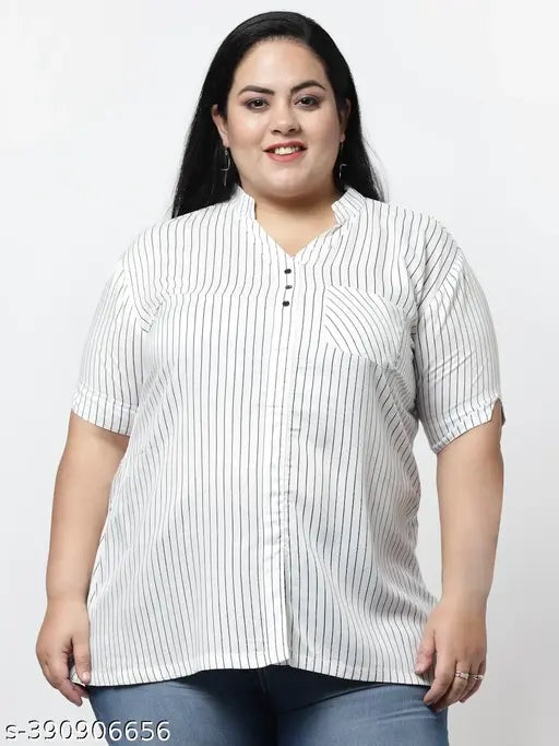 FAZZN Plus Size White Rayon Striped Collared Half Sleeves Top