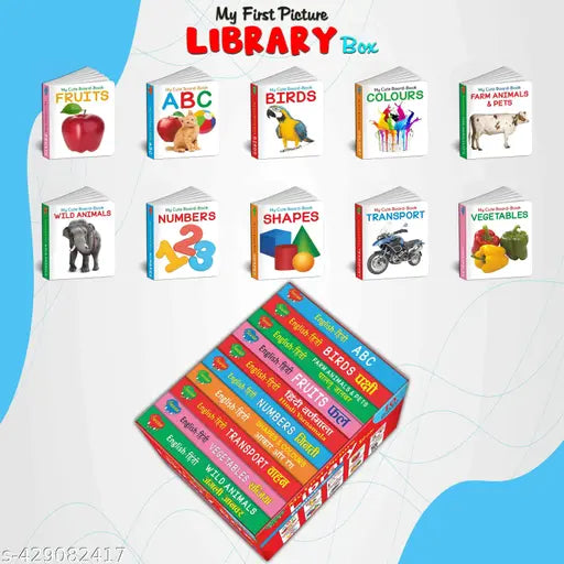Ukg Class Picture Book Box Set of 10 board books : Board book set for children  Early learning library book  ABC  Numbers  Fruits  Vegetables  Shapes  Colours  Wind Animals  Farm Animals & Pets  Birds  Transport (Board book  Sawan)
