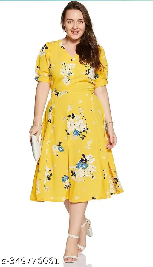 Nature Craft Women Fancy Yellow  Crepe Dress