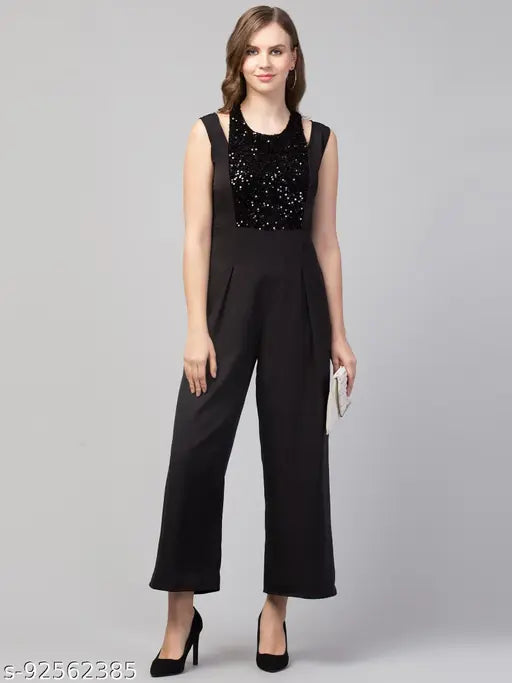 Women Girls Sequined Style Sleeveless Solid Black  trending Jumpsuit