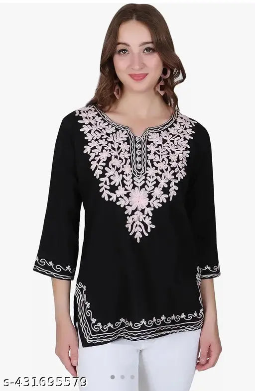 Kashmiri cotton short kurti for girls and womens black..