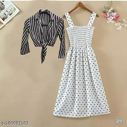Nature Craft Women Stylish and Trendy Polka Black Stripe Shrug Smoking Dress
