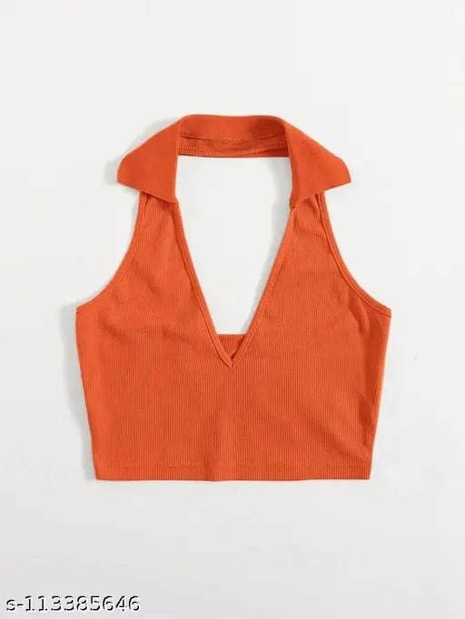 Women Sleveeless Polo Collar Ribbed Solid Crop Tops & Tunics