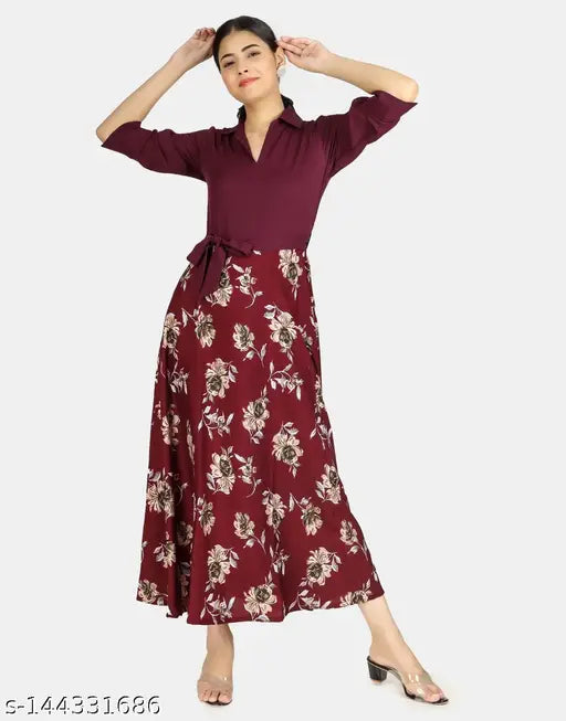Nature craft Floral printed purple & maroon shirt dress for women