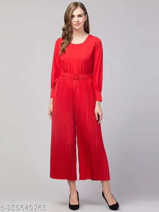 Women Girls Pleated & Gathered Belted Style Long Sleeves Round Neck Solid Jumpsuit
