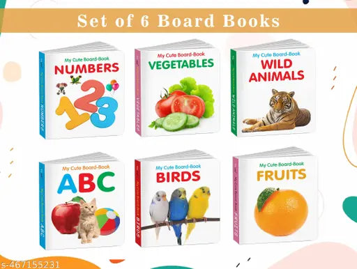 My First Cute Board Book All In One Learning Book For Children : ABC  Numbers  Fruits  Vegetables  Wild Animals  Birds - Picture books for toddlers  Baby board books - Pack of 6 books