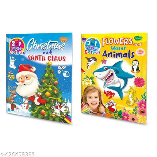 Christmas & Santa Claus and Flowers & Water Animals colouring book for kids : Copy to colouring book  Colouring book for kids  Book of copy to colour  Kids colouring book - Pack of 2 copy to colour books.
