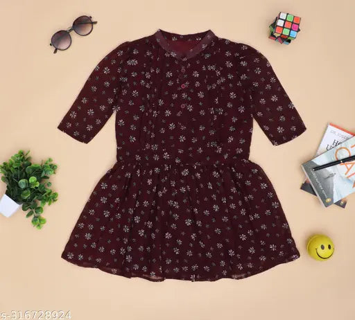 Nature Craft Maroon Georgette Floral Half  Sleeve knee Length Kids Dress