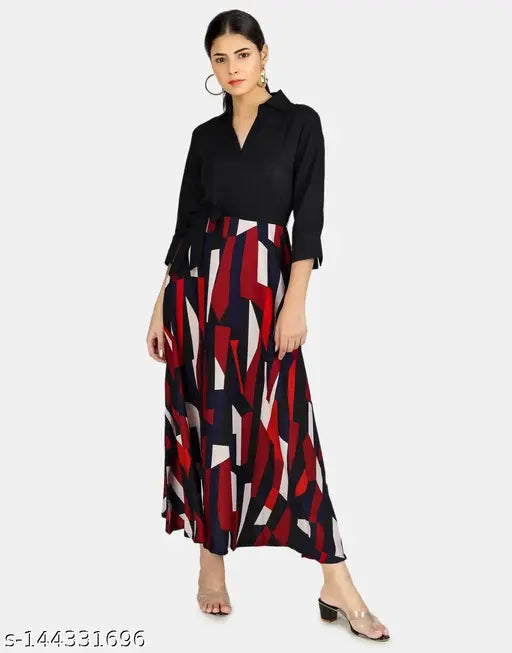 Nature craft Zig zag printed Black & Maroon shirt dress for women