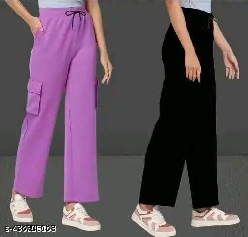 Women solid cargo jogers combo pants cotton lycra 4 pocket