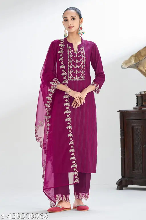 Women's Chinon Kurta & Pant With Dupatta Set
