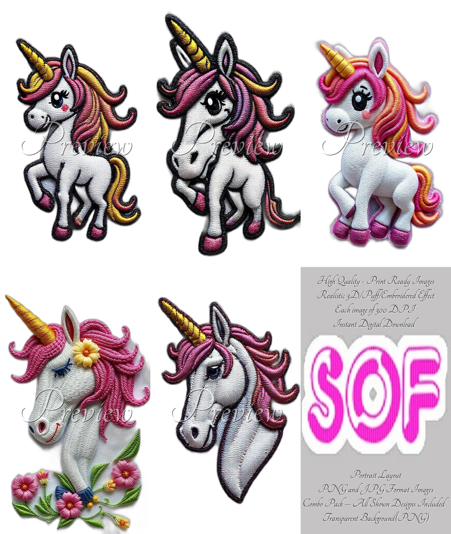 Unicorn Set#717 Theme Pack of 5 Digital Images – 300 DPI Printable Art