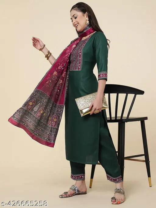 Women's Embroidered Kurta and Palazzo with Dupatta Set
