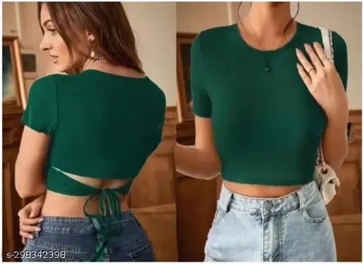Round Neck Back String Short Sleeve Top