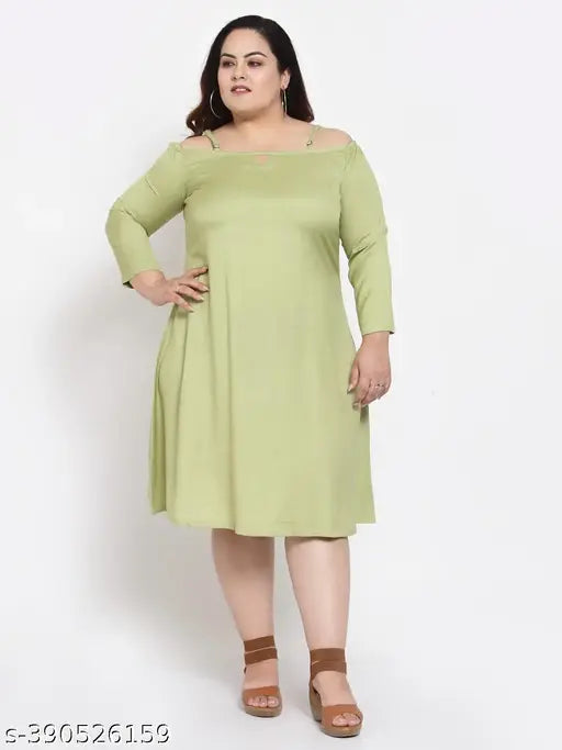 FAZZN Plus Size Green Rayon Knee Length Spaghetti Strap Dress with Full Sleeves