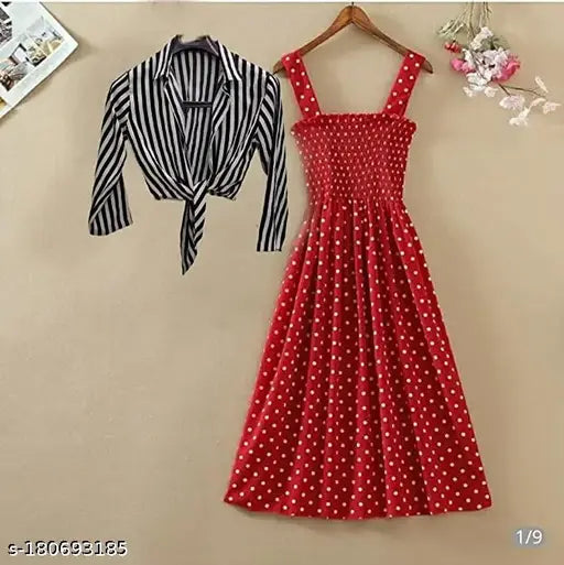 Nature Craft Women Stylish and Trendy Polka Black Stripe Shrug Smoking Dress
