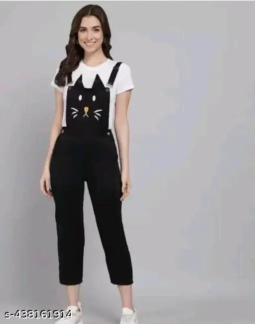 Nature Craft Black Cotton Cat print  Dungaree for women