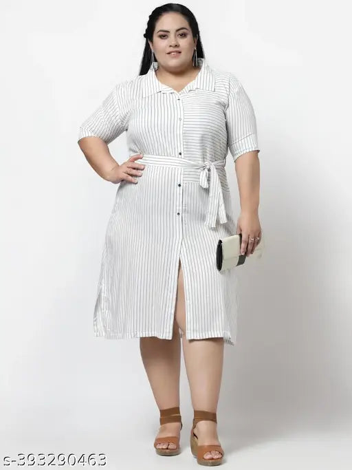 FAZZN Plus Size White Striped Rayon Knee Length Dress with Collared Neck and Half Sleeves