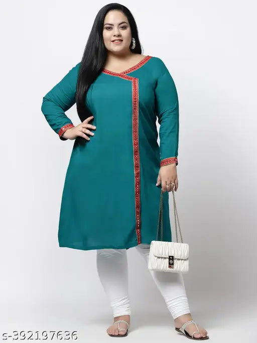 FAZZN Plus Size Rayon Angrakha Kurti in Firozi