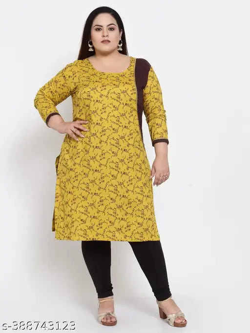 FAZZN Plus Size and Yellow A-Line Knee Length Rayon Kurti with Round Neck and Screen Printed / Foil Print Three Quarter Sleeves