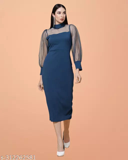 women bodycon dress  blue color dress  solid knee length dress for women  dress on best price