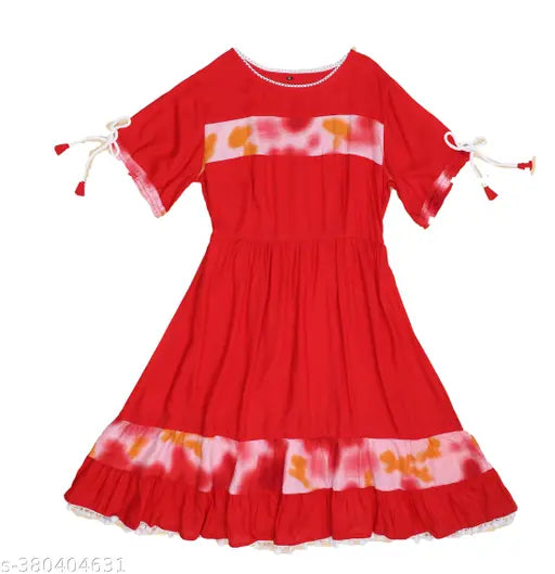 Nature Craft Red Rayon Floral Half  Sleeve Round Neck Full Length Women Dress