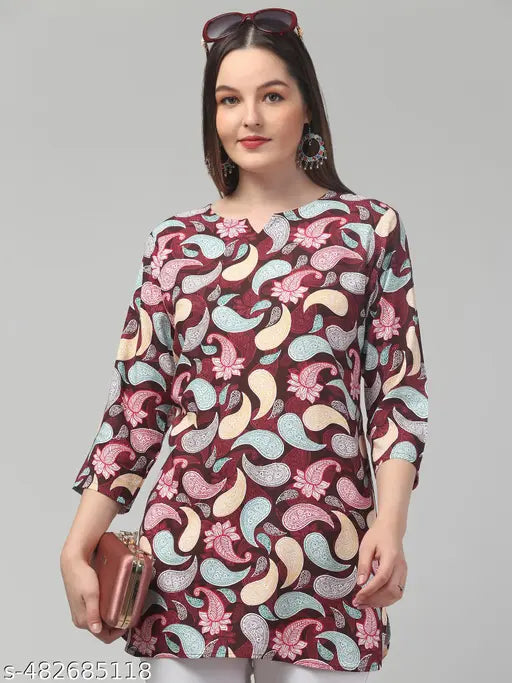 Women printed stylish short 3/4 sleeve rayon kurti