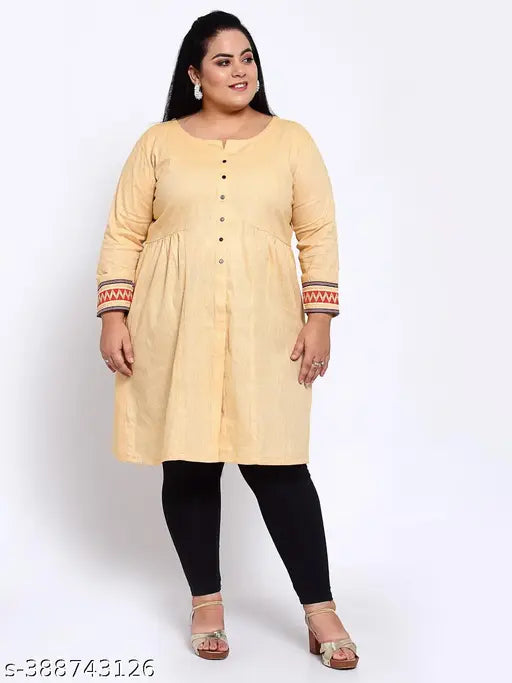 FAZZN Plus Size and Peach Cotton Knee Length Front Slit Round Neck Full Sleeve Kurti