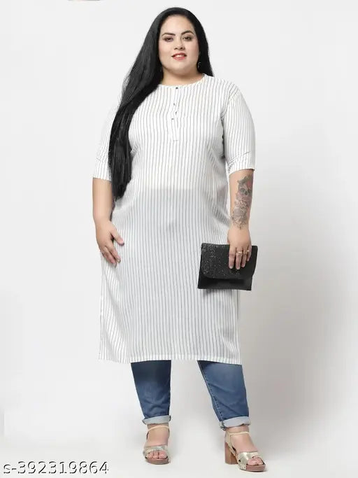 FAZZN Plus Size White Rayon Knee Length Kurti with Round Neck and Striped Sleeves
