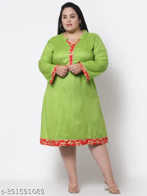 FAZZN Plus Size Customizable Knee-Length V Neck Full Sleeves Rayon Dress in Green