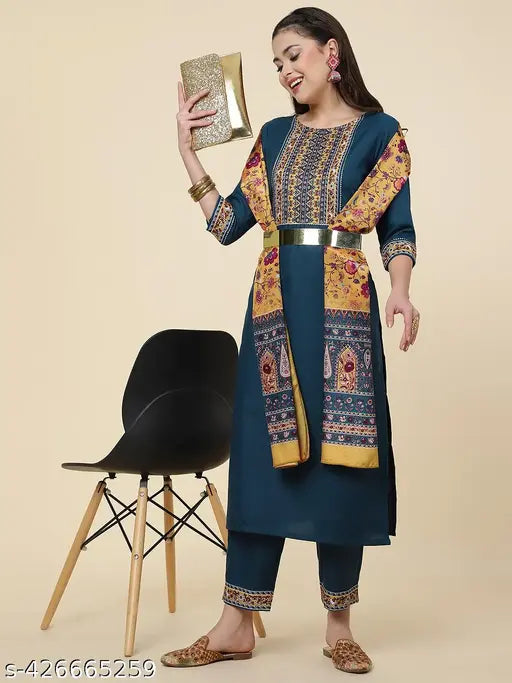 Women's Embroidered Kurta and Palazzo with Dupatta Set