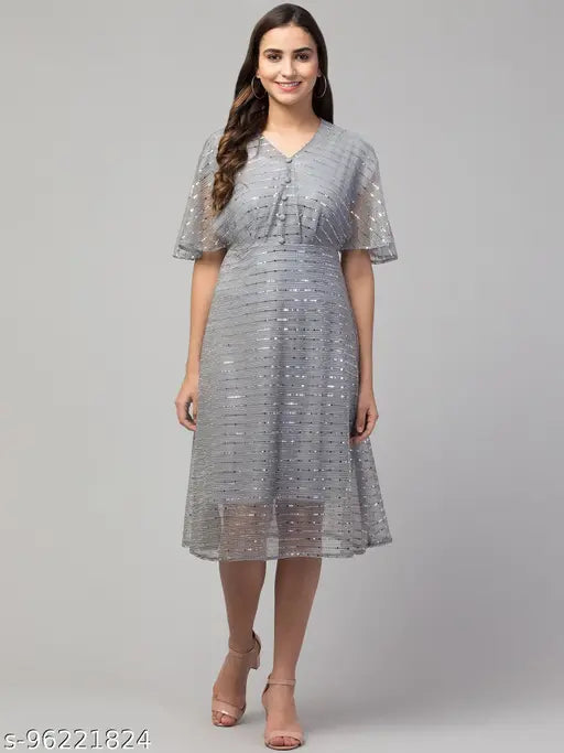 Women Girls Three-Quarter Cape Sleeves Moonlight Flared Midi Grey Dress