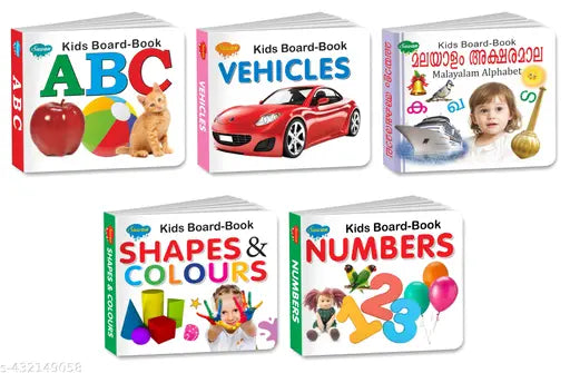 ABC  Vehicles  Numbers  Shapes and Colours and Malayalam Alphabet books for kids : Board books for kids  Educational board books for kids  Learning books for kids  Malayalam language books for kids - Set of 5 board books for kids.