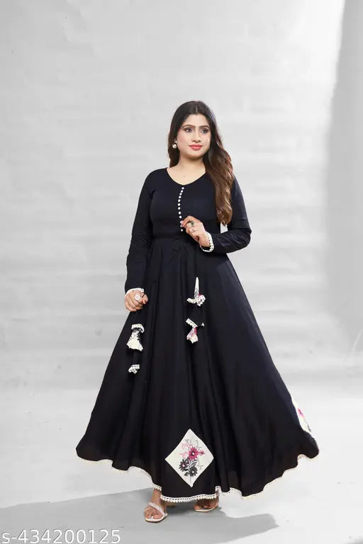Ashima Designer Black color solid Print V-Neck with Patch Work Rayon Flared Anarkali Gown