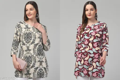 Women printed multicolour 3/4 sleeve rayon short kurti pack of 2
