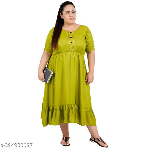 FAZZN Plus Size Green Calf-Length Half Sleeve Rayon Dress with Customization