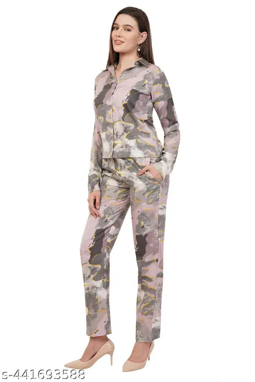 Women Stylish Cotton Blend Korean Abstract Printed Cuffed Full Sleeves Shirt And Bottom Co-ord Set With Front Pockets For Beach And Summer Occasions Casual And Party Wear