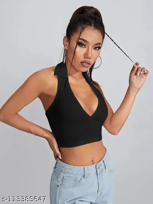 Women Sleveeless Polo Collar Ribbed Solid  Crop Tops & Tunics