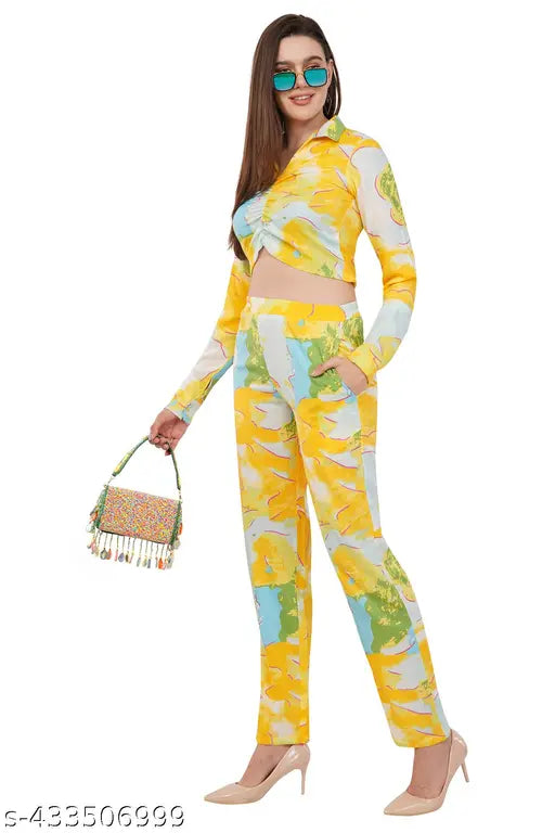 Avyola Women Stylish Cotton Blend Korean Abstract Printed Waist Tie-Up Regular Top and  Bottom Co-ord Set  With Front Pockets  For Beach And Summer Occasions Casual And Party Wear